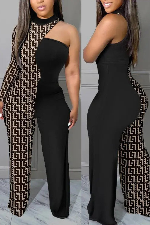 Sexy Plaid Print Patchwork Printing O Neck Regular Jumpsuits