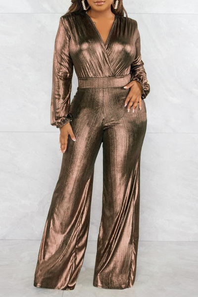 Street Solid Patchwork V Neck Boot Cut Jumpsuits