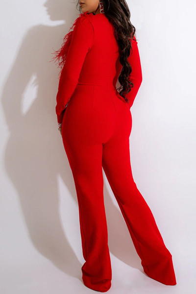 Sexy Solid Patchwork Feathers Hot Drill V Neck Straight Jumpsuits