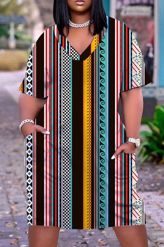 Casual Print Patchwork V Neck Short Sleeve Dress