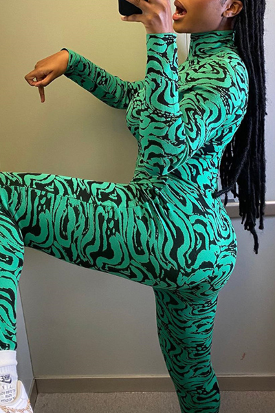 Sexy Print Patchwork Half A Turtleneck Skinny Jumpsuits