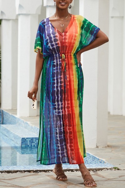 Casual Print Patchwork Slit V Neck Beach Dress Dresses