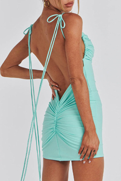 Sexy Solid Backless Fold Strap Design Spaghetti Strap Dresses