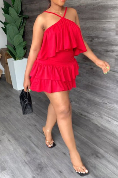Casual Sweet Daily Simplicity Flounce Solid Color Halter Sleeveless Two Pieces