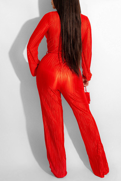 Sexy Solid Patchwork Fold V Neck Straight Jumpsuits