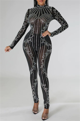 Sexy Patchwork Hot Drilling See-through Half A Turtleneck Skinny Jumpsuits