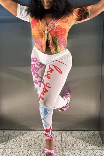Casual Print Patchwork V Neck Short Sleeve Two Pieces