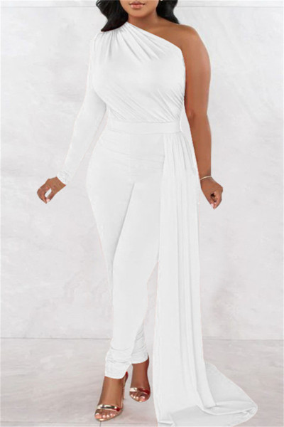 Casual Solid Patchwork Asymmetrical Oblique Collar Skinny Jumpsuits
