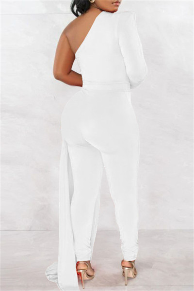 Casual Solid Patchwork Asymmetrical Oblique Collar Skinny Jumpsuits