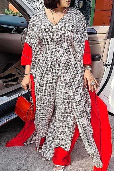 Casual Print Patchwork V Neck Long Sleeve Two Pieces