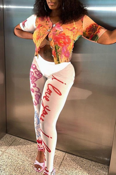 Casual Print Patchwork V Neck Short Sleeve Two Pieces