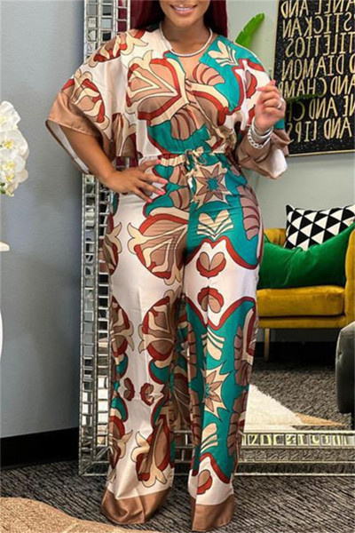 Casual Print Patchwork V Neck Regular Jumpsuits