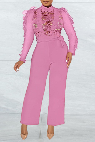 Sexy Solid Lace O Neck Regular Jumpsuits