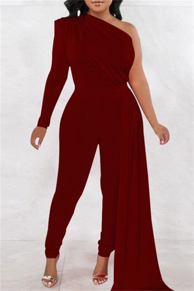 Casual Solid Patchwork Asymmetrical Oblique Collar Skinny Jumpsuits