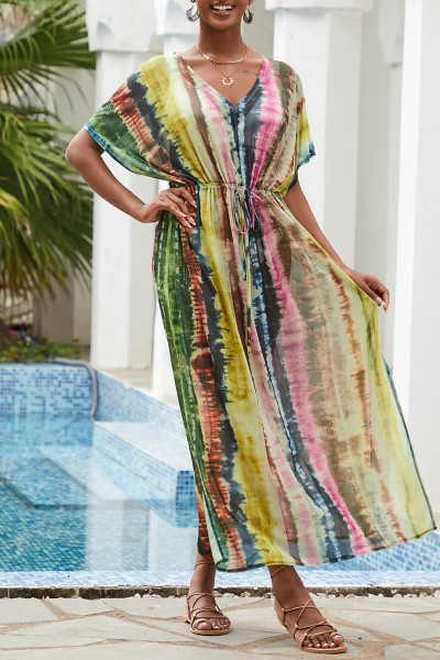 Casual Print Patchwork Slit V Neck Beach Dress Dresses