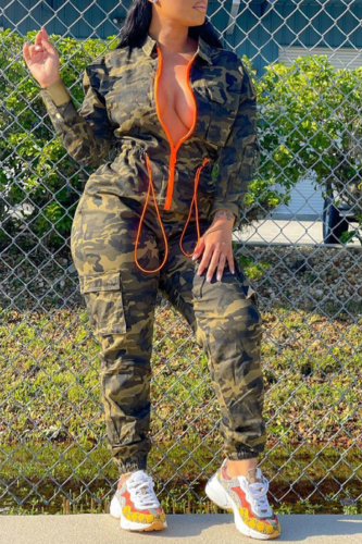 Street Camouflage Print Turndown Collar Harlan Jumpsuits