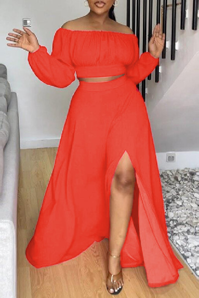 Casual Elegant Simplicity Slit Fold Solid Color Off the Shoulder Long Sleeve Two Pieces