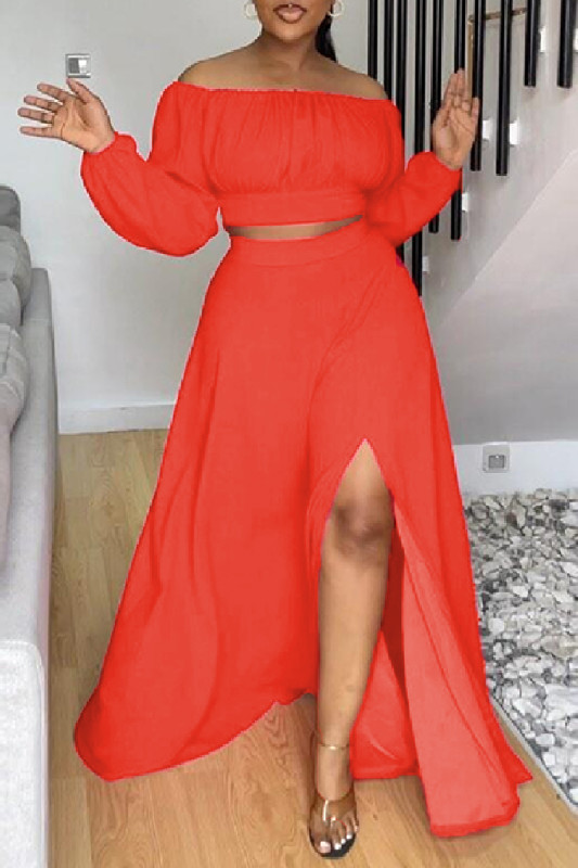 Casual Elegant Simplicity Slit Fold Solid Color Off the Shoulder Long Sleeve Two Pieces