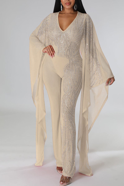Sexy Solid Patchwork See-through Hot Drill V Neck Straight Jumpsuits