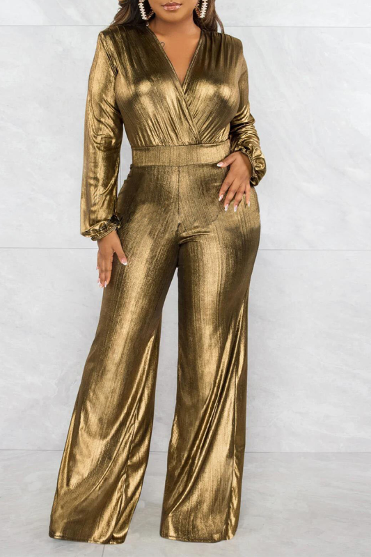 Street Solid Patchwork V Neck Boot Cut Jumpsuits