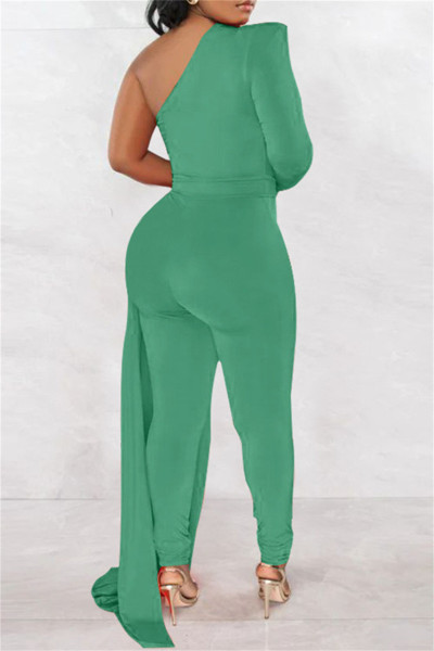 Casual Solid Patchwork Asymmetrical Oblique Collar Skinny Jumpsuits