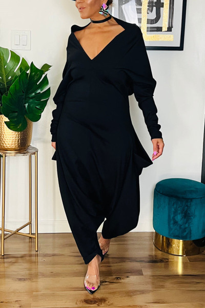 Sexy Street Solid Pocket Asymmetrical Oblique Collar Harlan Jumpsuits