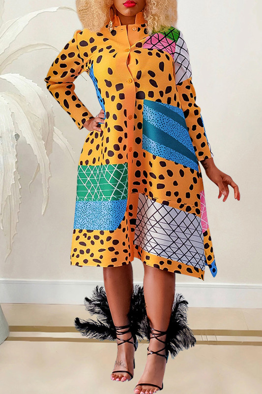 Casual Print Patchwork Mandarin Collar Long Sleeve Dresses
