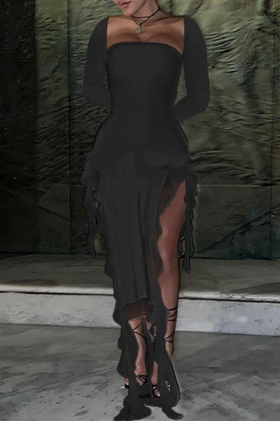 Casual Solid Asymmetrical Square Collar Long Sleeve Dresses