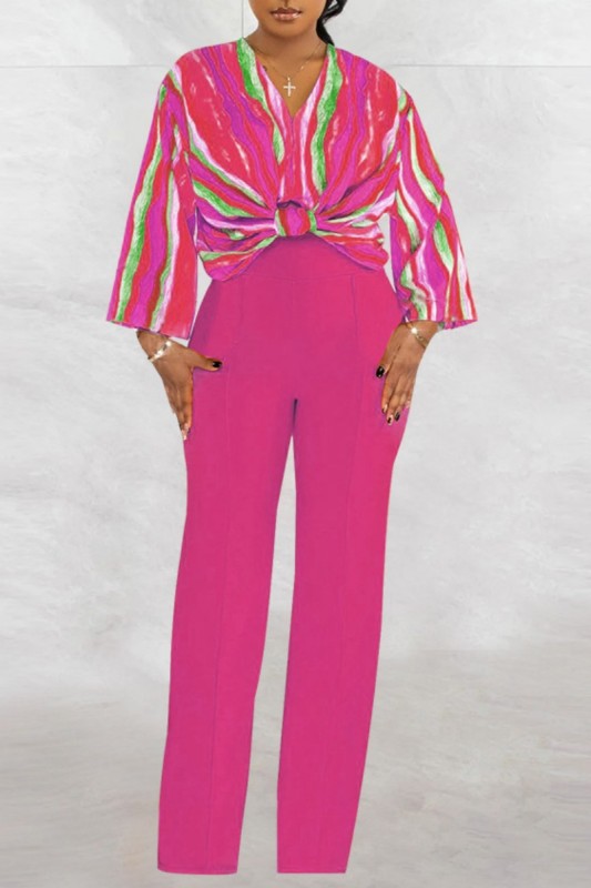 Casual Print Patchwork V Neck Long Sleeve Two Pieces