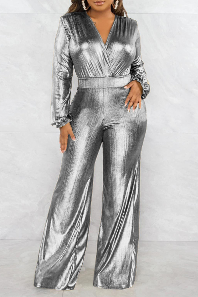 Street Solid Patchwork V Neck Boot Cut Jumpsuits