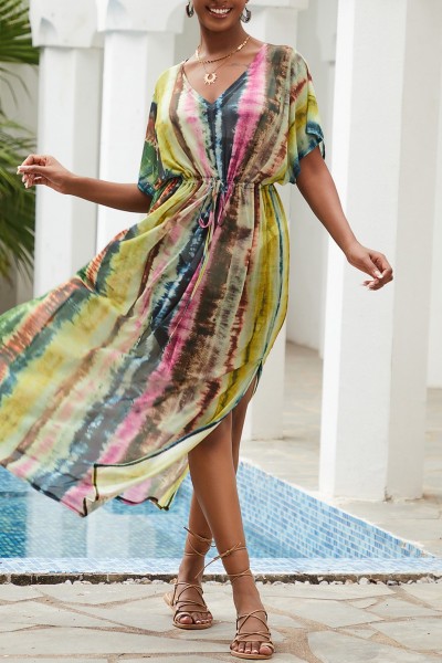 Casual Print Patchwork Slit V Neck Beach Dress Dresses
