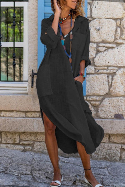 Casual Solid Patchwork Turndown Collar Shirt Dress Dresses