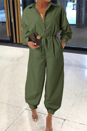 Casual College Solid With Belt Printing Turndown Collar Loose Jumpsuits