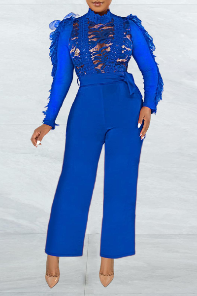 Sexy Solid Lace O Neck Regular Jumpsuits