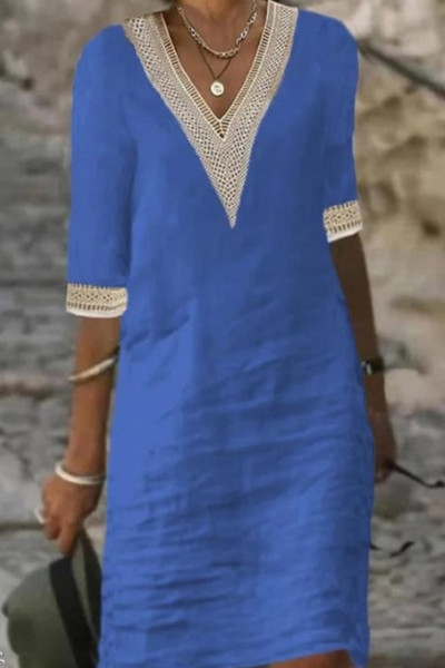 Casual Solid Patchwork V Neck A Line Dresses