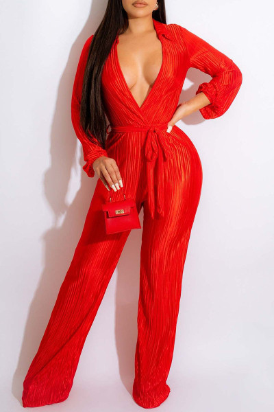Sexy Solid Patchwork Fold V Neck Straight Jumpsuits