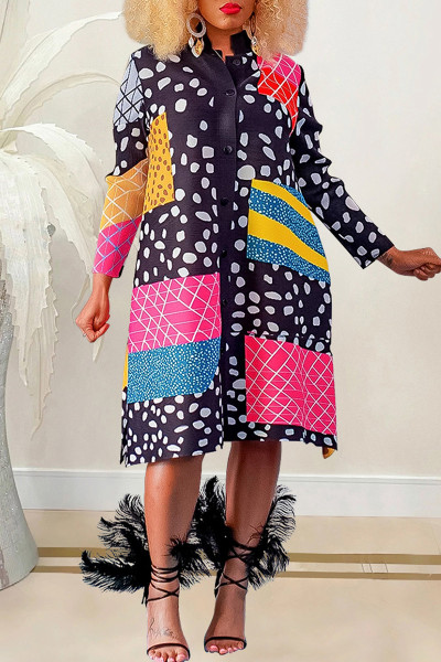Casual Print Patchwork Mandarin Collar Long Sleeve Dresses
