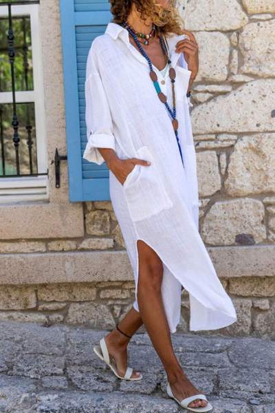 Casual Solid Patchwork Turndown Collar Shirt Dress Dresses