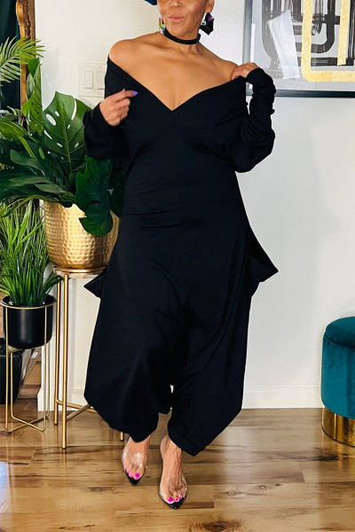 Sexy Street Solid Pocket Asymmetrical Oblique Collar Harlan Jumpsuits