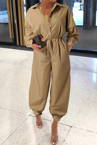 Casual College Solid With Belt Printing Turndown Collar Loose Jumpsuits