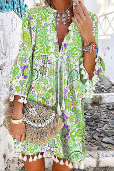 Casual Vacation Print Tassel V Neck A Line Dresses