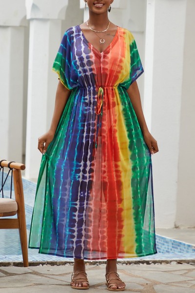 Casual Print Patchwork Slit V Neck Beach Dress Dresses