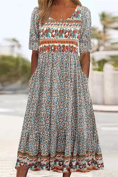 Bohemian College Floral Pocket O Neck A Line Dresses