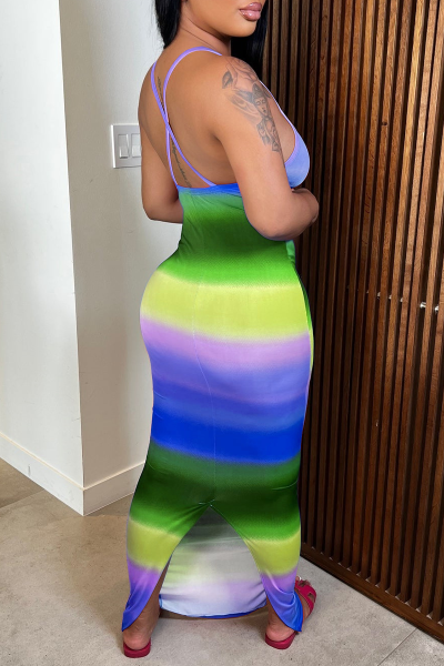 Casual Gradual Change Backless Slit Spaghetti Strap One Step Skirt Dresses