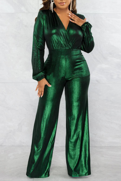 Street Solid Patchwork V Neck Boot Cut Jumpsuits