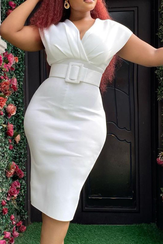 Casual Solid Patchwork With Belt V Neck One Step Skirt Dresses