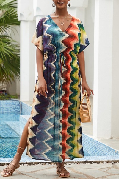 Casual Print Patchwork Slit V Neck Beach Dress Dresses