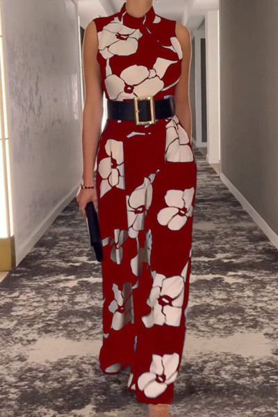 Casual Print Patchwork With Belt O Neck Jumpsuits