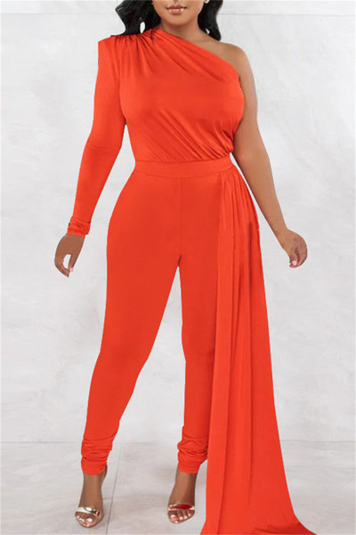 Casual Solid Patchwork Asymmetrical Oblique Collar Skinny Jumpsuits
