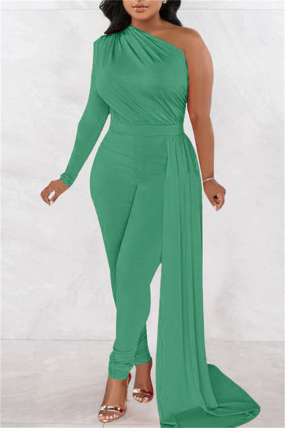Casual Solid Patchwork Asymmetrical Oblique Collar Skinny Jumpsuits